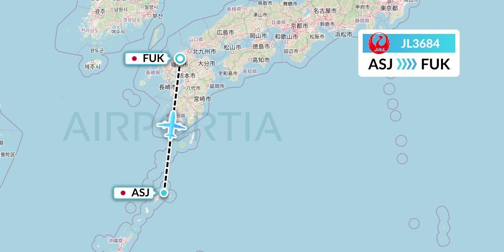 JL3684 Japan Airlines Flight Map: Amami to Fukuoka
