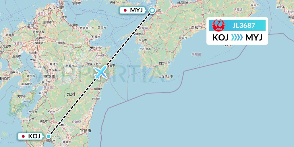 JL3687 Japan Airlines Flight Map: Kagoshima to Matsuyama