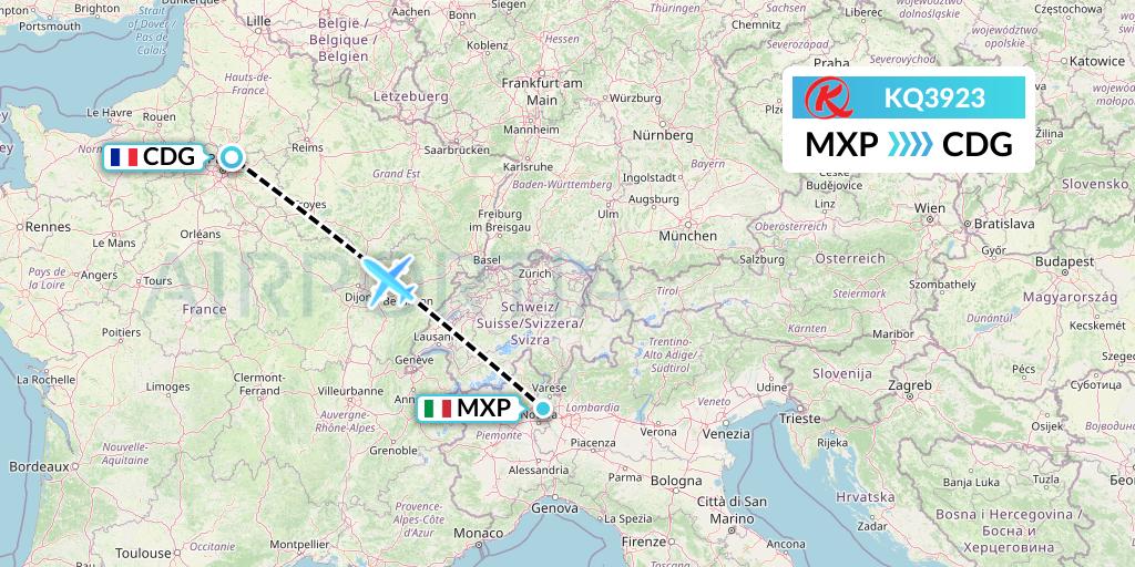 KQ3923 Kenya Airways Flight Map: Milan to Paris