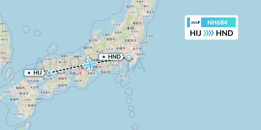 NH684 All Nippon Airways Flight Map: Hiroshima to Tokyo