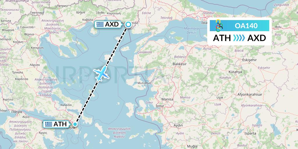 OA140 Olympic Air Flight Map: Athens to Alexandroupolis