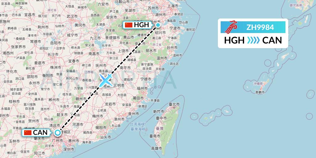 ZH9984 Shenzhen Airlines Flight Map: Hangzhou to Guangzhou