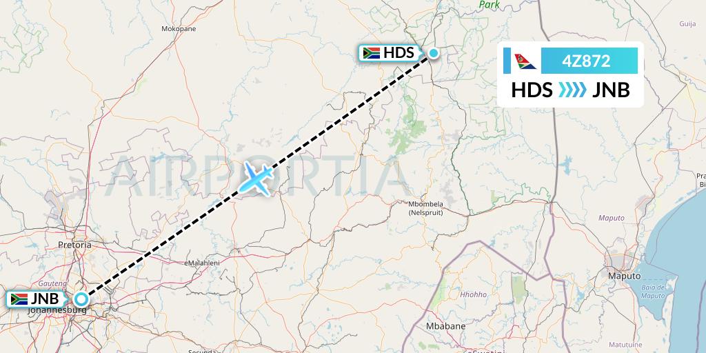 4Z872 Airlink Flight Map: Hoedspruit to Johannesburg