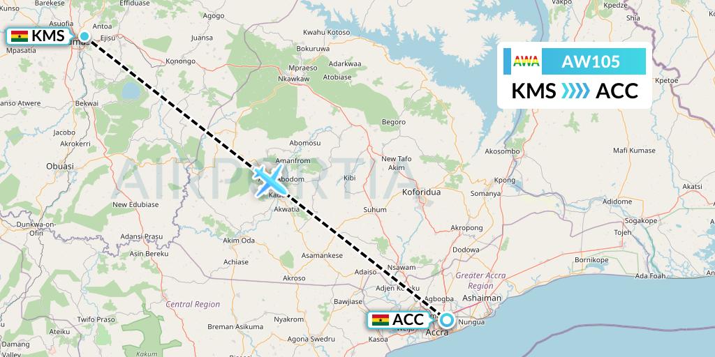 AW105 Africa World Airlines Flight Map: Kumasi to Accra