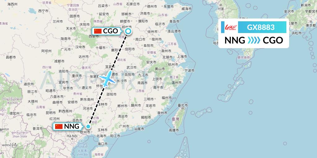 GX8883 GX Airlines Flight Map: Nanning to Zhengzhou
