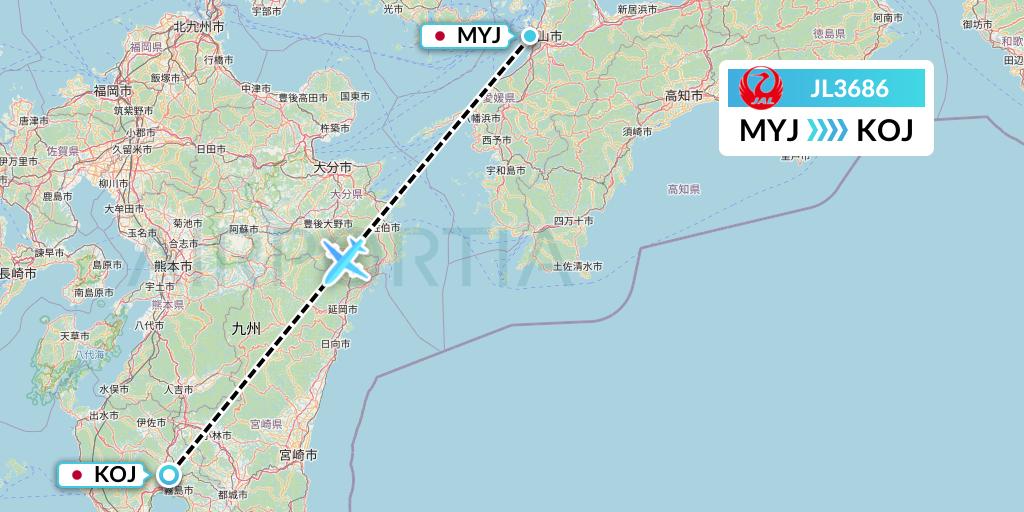JL3686 Japan Airlines Flight Map: Matsuyama to Kagoshima