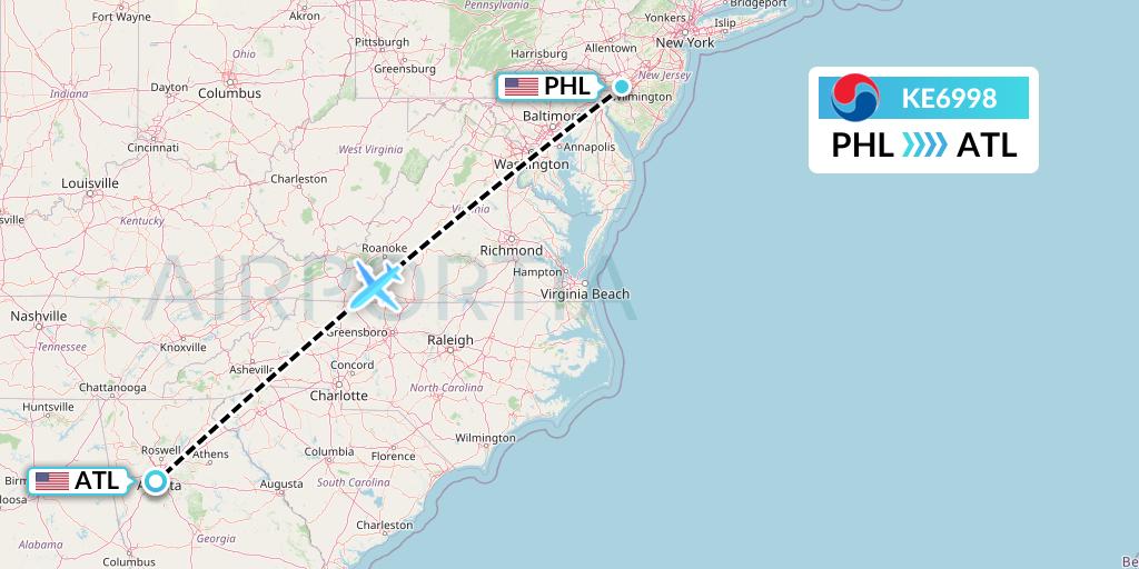 KE6998 Korean Air Flight Map: Philadelphia to Atlanta