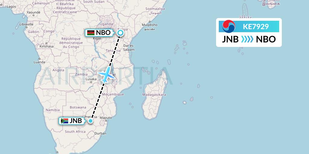 KE7929 Korean Air Flight Map: Johannesburg to Nairobi