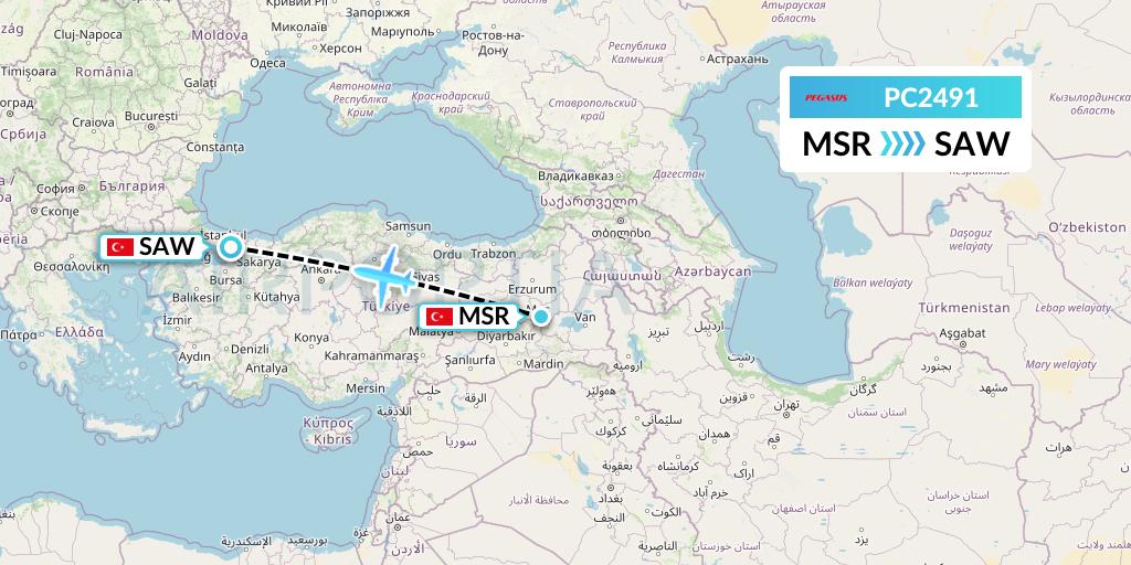 PC2491 Pegasus Airlines Flight Map: Mus to Istanbul