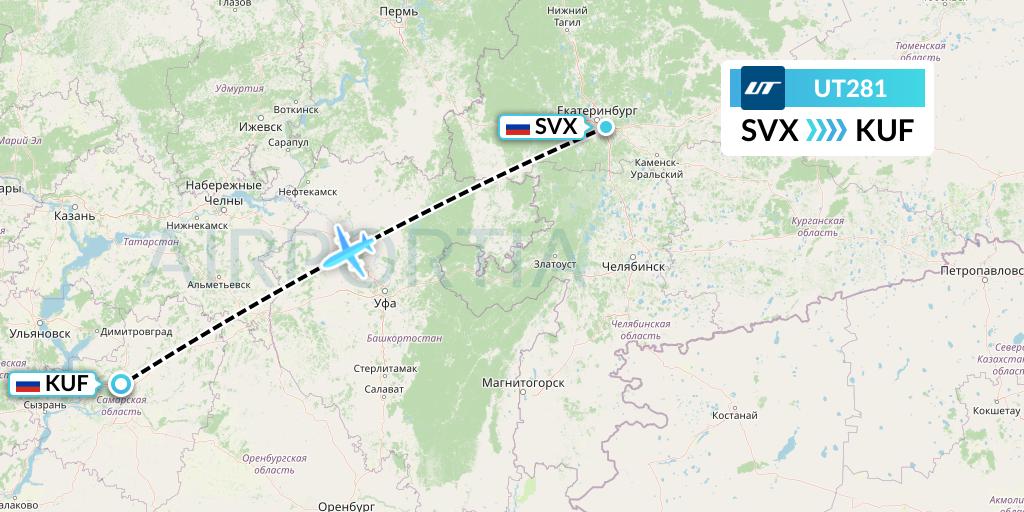 UT281 UTair Flight Map: Yekaterinburg to Samara