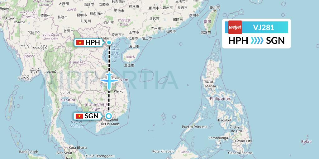 VJ281 VietJet Air Flight Map: Haiphong to Ho Chi Minh City