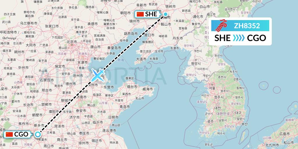 ZH8352 Shenzhen Airlines Flight Map: Shenyang to Zhengzhou