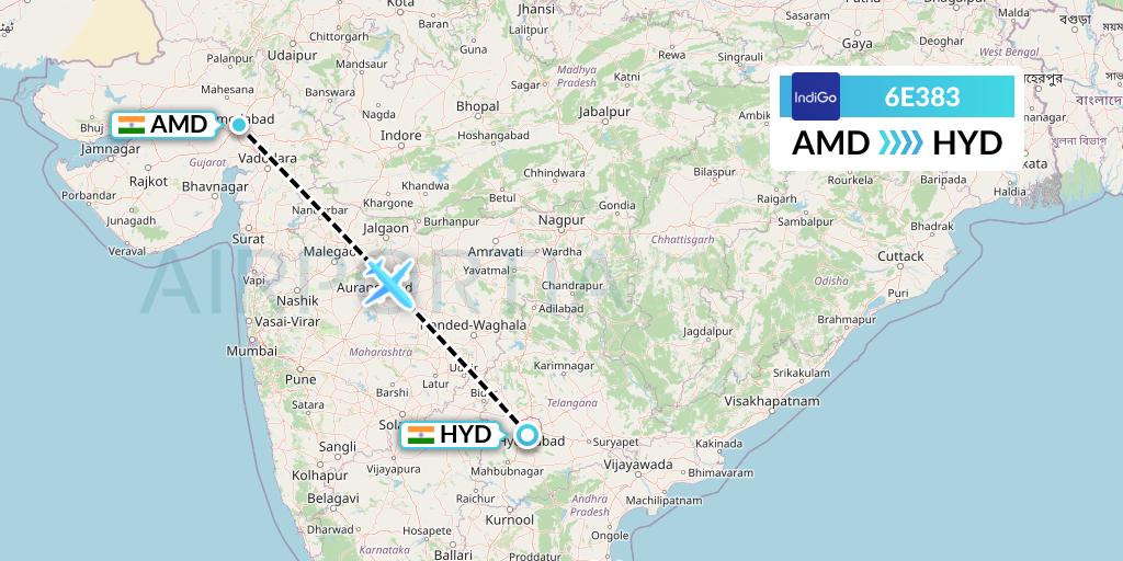 6E383 IndiGo Airlines Flight Map: Ahmedabad to Hyderabad