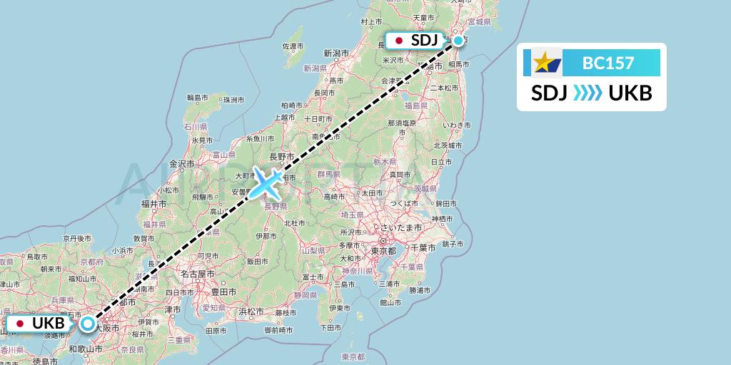 BC157 Skymark Airlines Flight Map: Sendai to Kobe