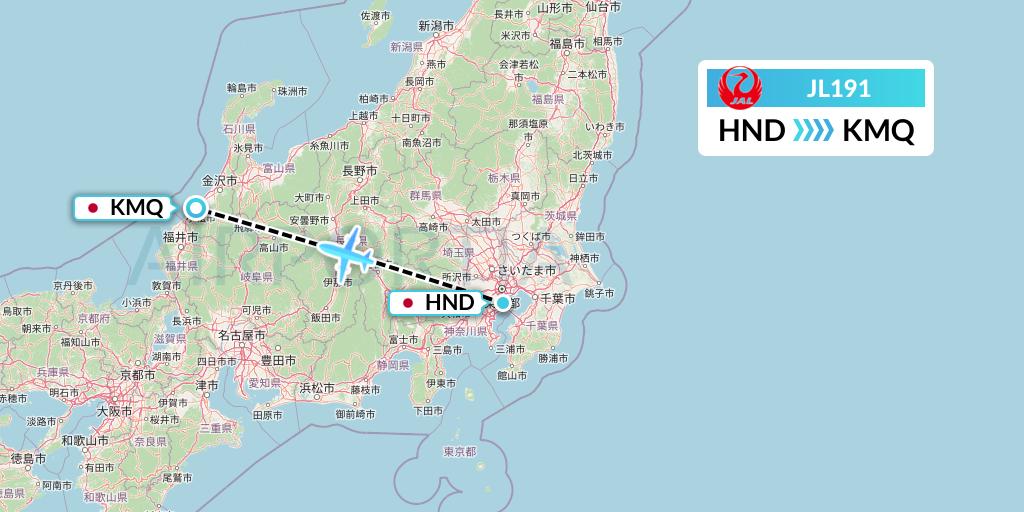 JL191 Japan Airlines Flight Map: Tokyo to Komatsu
