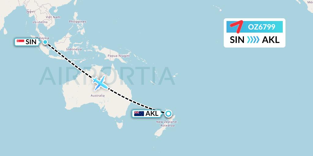 OZ6799 Asiana Airlines Flight Map: Singapore to Auckland