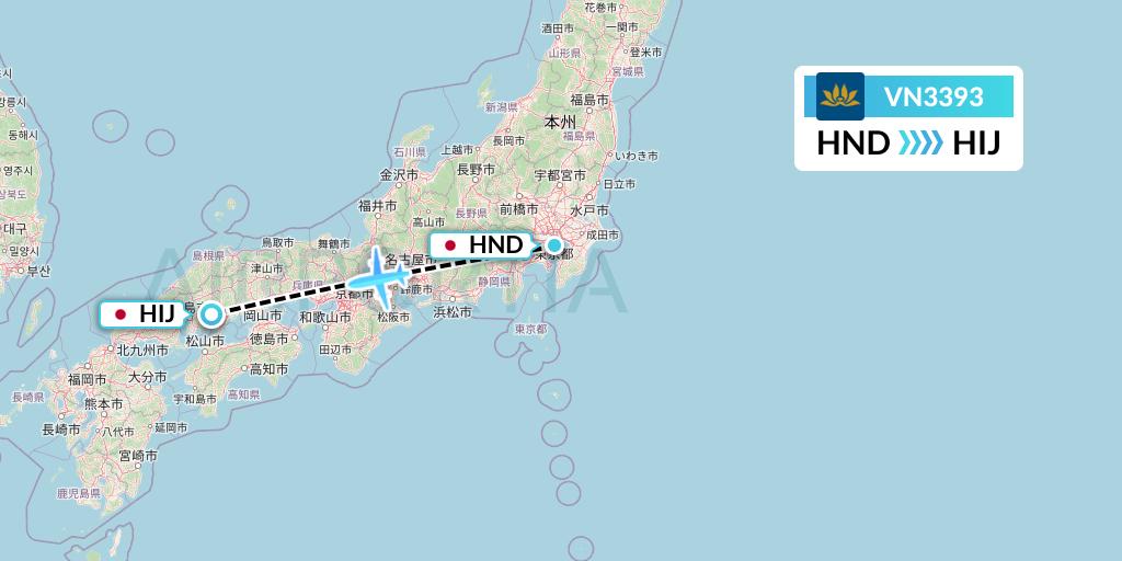 VN3393 Vietnam Airlines Flight Map: Tokyo to Hiroshima