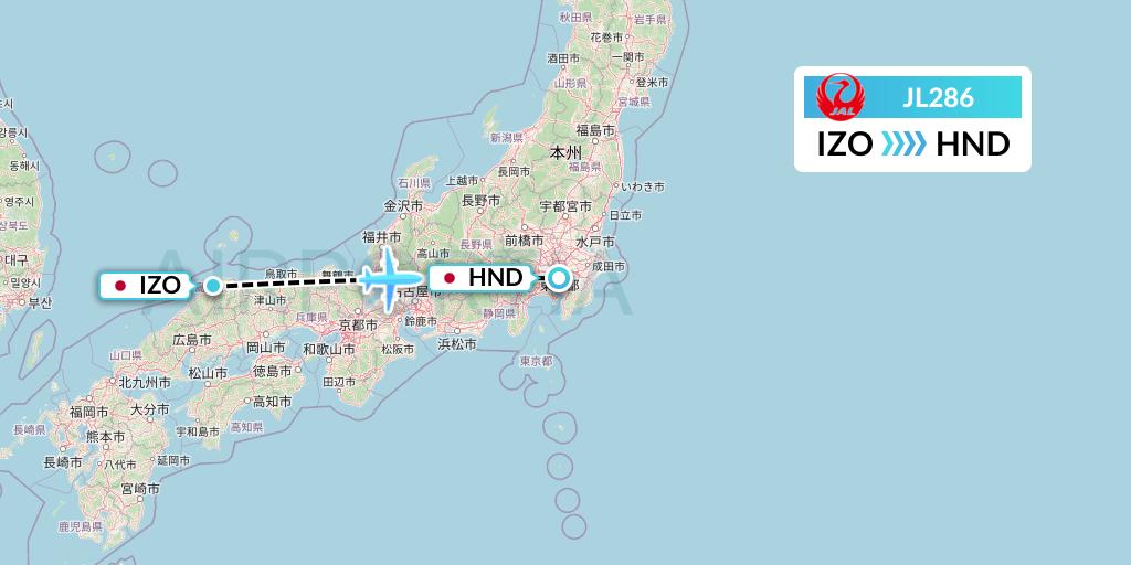 JL286 Japan Airlines Flight Map: Izumo to Tokyo