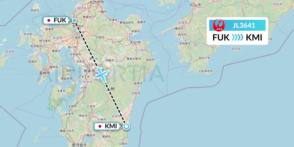 JL3641 Japan Airlines Flight Map: Fukuoka to Miyazaki
