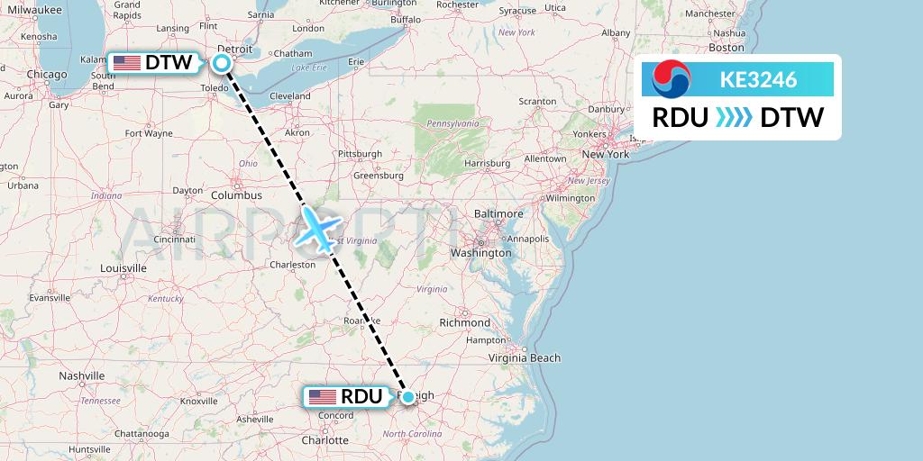 KE3246 Korean Air Flight Map: Raleigh-Durham to Detroit