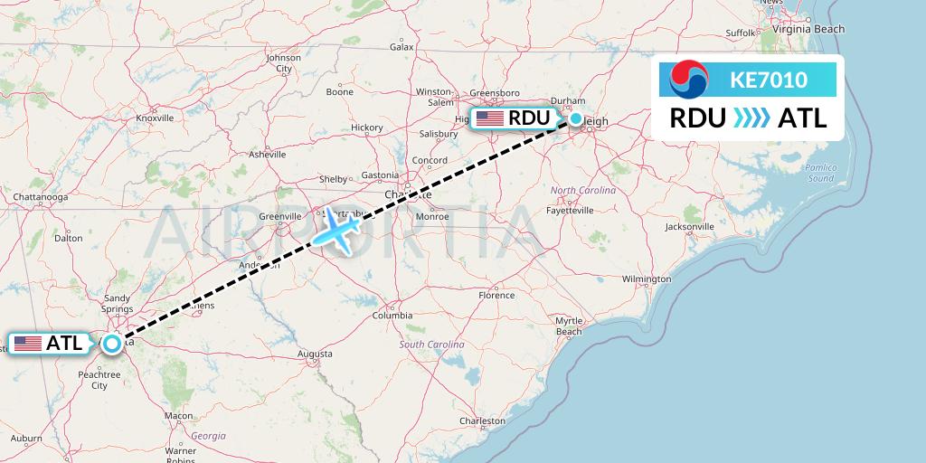 KE7010 Korean Air Flight Map: Raleigh-Durham to Atlanta