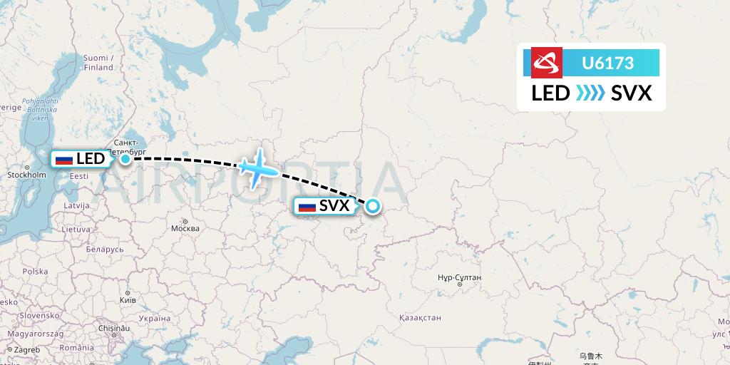 U6173 Ural Airlines Flight Map: St. Petersburg to Yekaterinburg