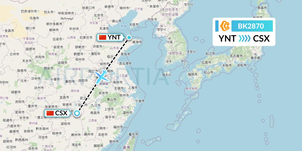 BK2870 Okay Airways Flight Map: Yantai to Changsha