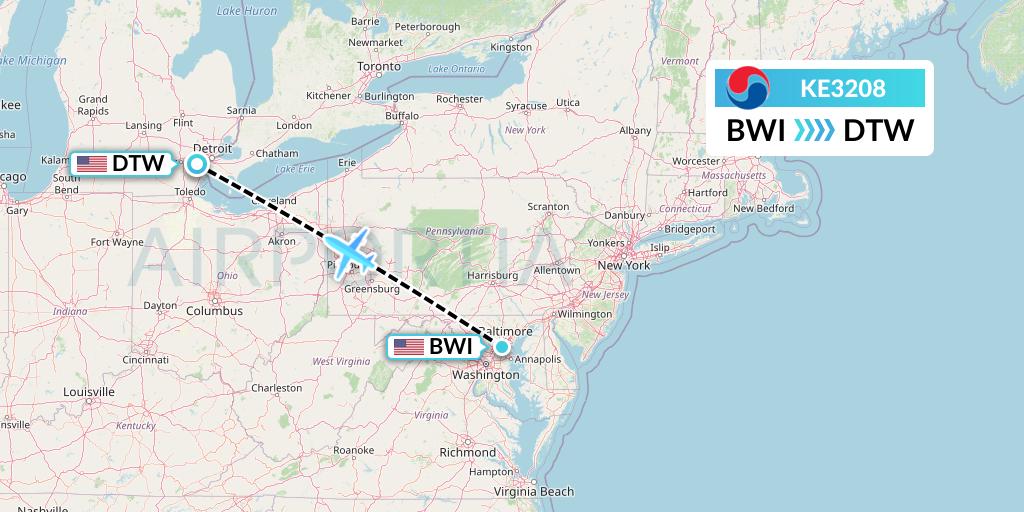 KE3208 Korean Air Flight Map: Baltimore to Detroit