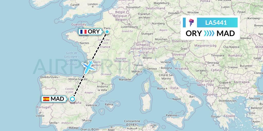 LA5441 LAN Airlines Flight Map: Paris to Madrid
