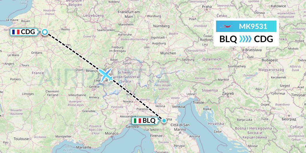 MK9531 Air Mauritius Flight Map: Bologna to Paris