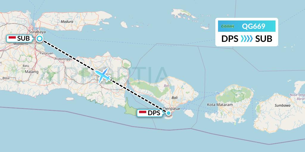 QG669 Citilink Flight Map: Denpasar to Surabaya