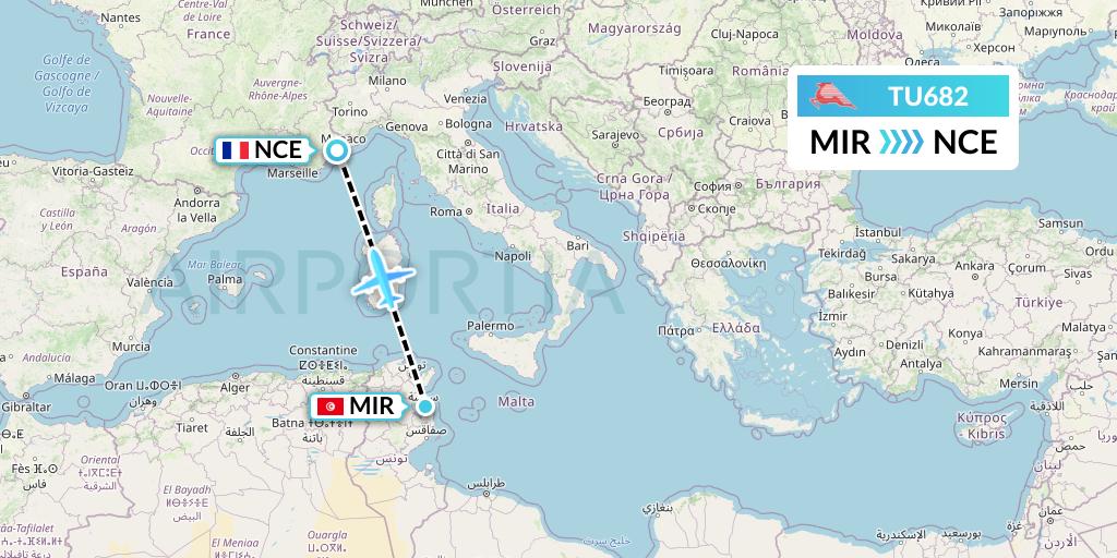 TU682 Tunisair Flight Map: Monastir to Nice