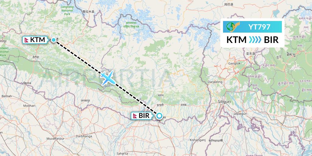 YT797 Yeti Airlines Flight Map: Kathmandu to Biratnagar