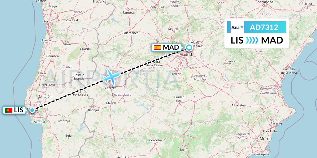 AD7312 Azul Brazilian Airlines Flight Map: Lisbon to Madrid