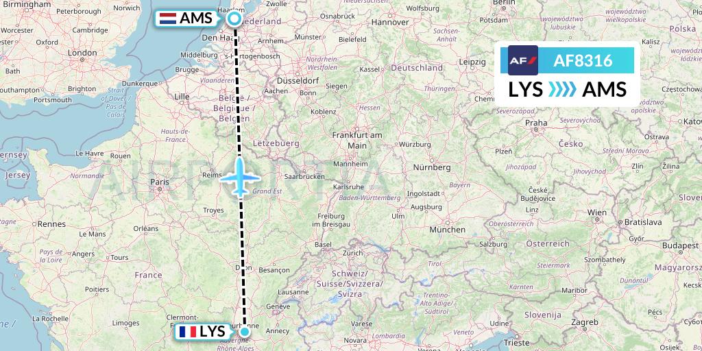 AF8316 Air France Flight Map: Lyon to Amsterdam