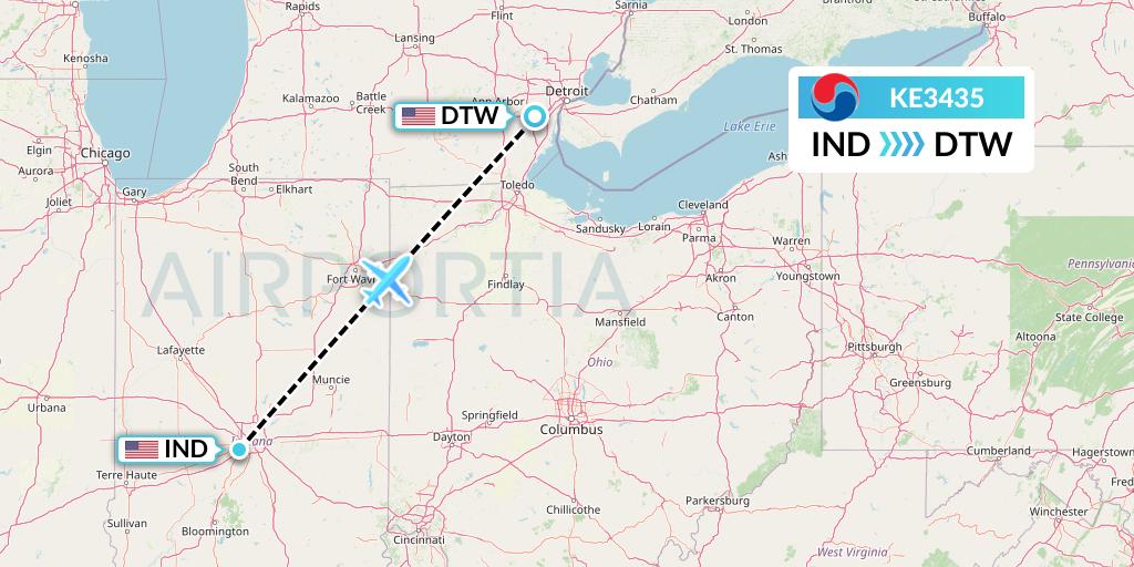 KE3435 Korean Air Flight Map: Indianapolis to Detroit