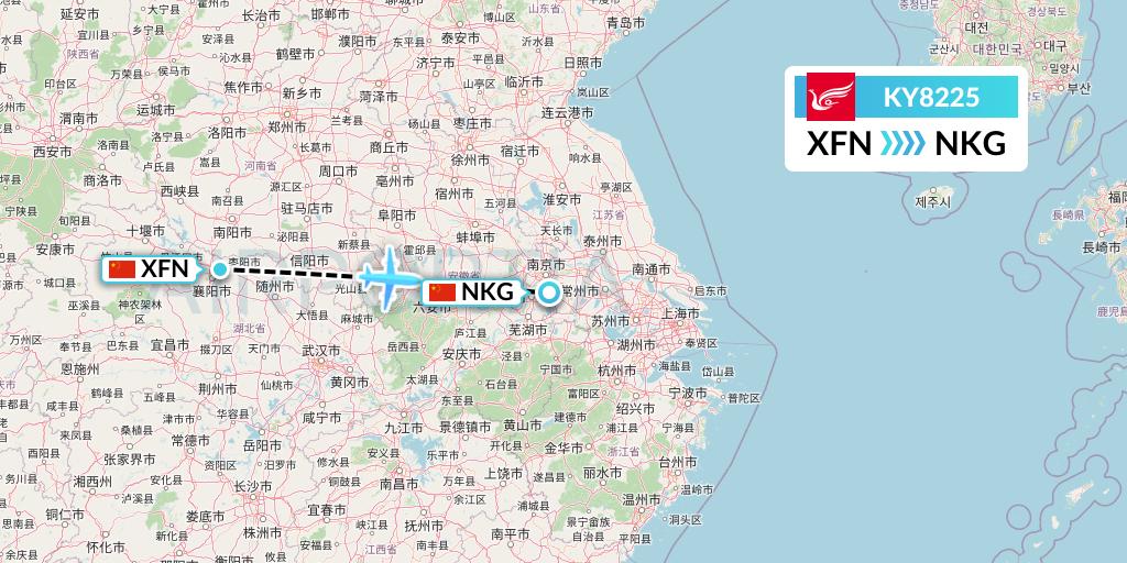 KY8225 Kunming Airlines Flight Map: Xiangyang to Nanjing