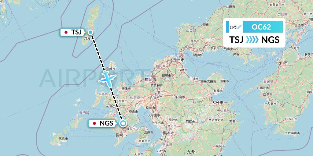 OC62 Oriental Air Bridge Flight Map: Tsushima to Nagasaki