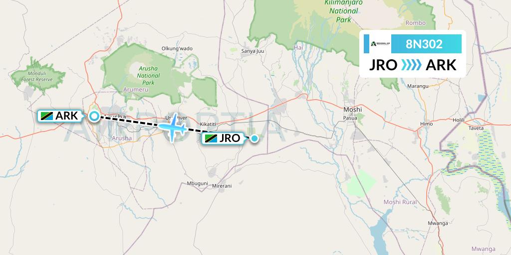 8N302 Regional Air Services Flight Map: Kilimanjaro to Arusha