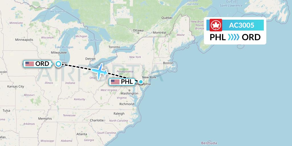 AC3005 Air Canada Flight Map: Philadelphia to Chicago