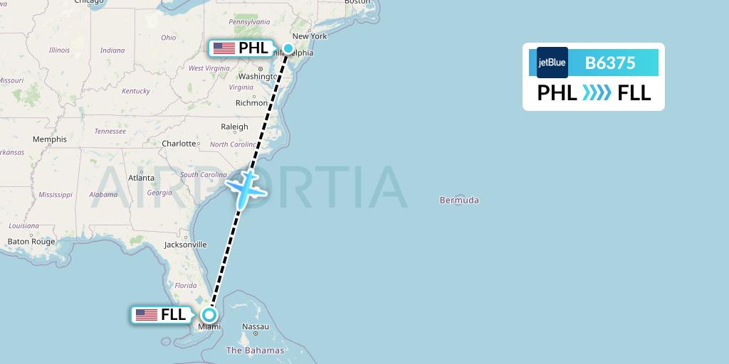 B6375 JetBlue Airways Flight Map: Philadelphia to Fort Lauderdale