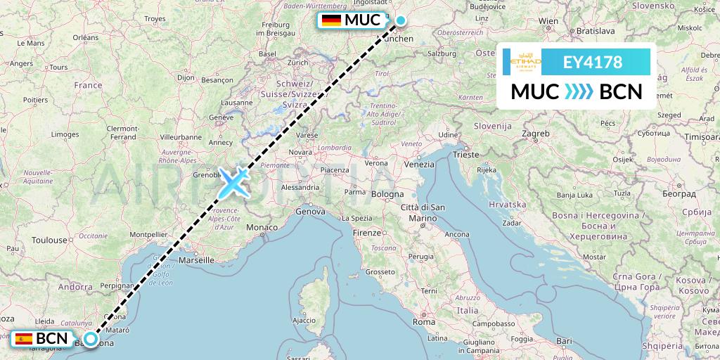 EY4178 Etihad Airways Flight Map: Munich to Barcelona