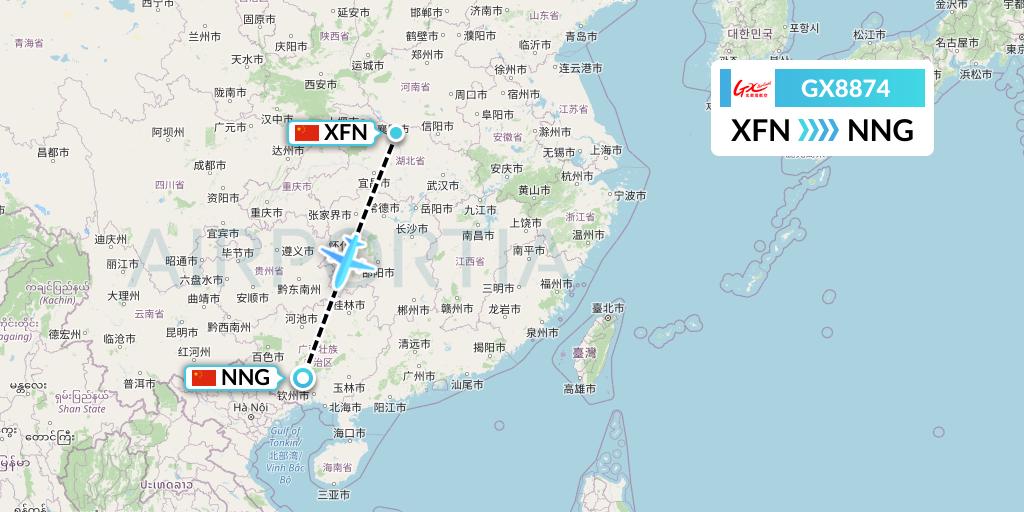 GX8874 GX Airlines Flight Map: Xiangyang to Nanning