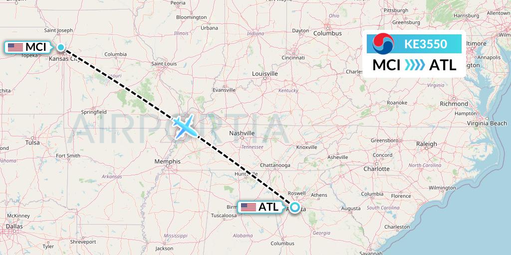 KE3550 Korean Air Flight Map: Kansas City to Atlanta