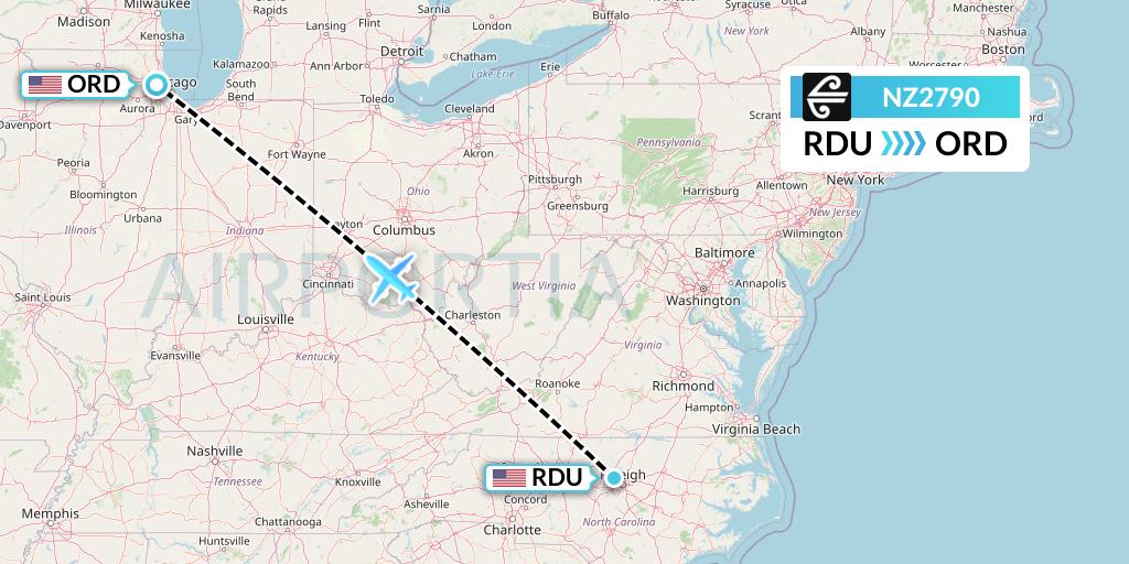NZ2790 Air New Zealand Flight Map: Raleigh-Durham to Chicago