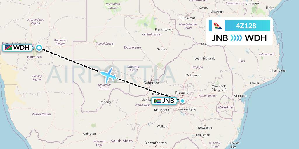 4Z128 Airlink Flight Map: Johannesburg to Windhoek