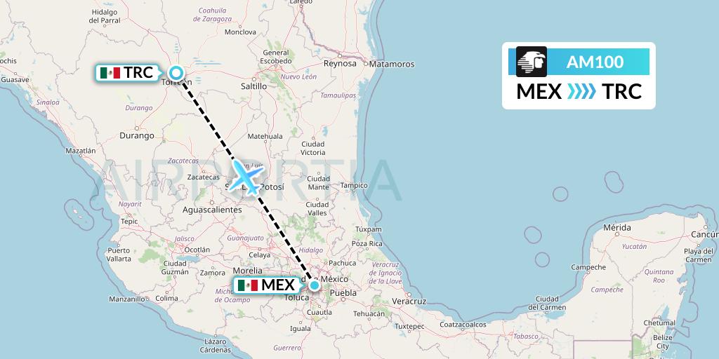 AM100 Aeromexico Flight Map: Mexico City to Torreon