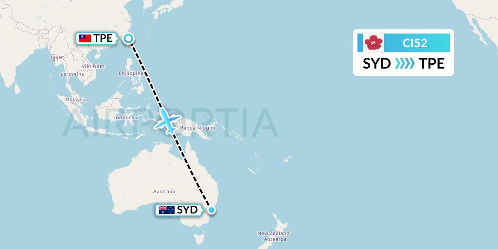 CI52 China Airlines Flight Map: Sydney to Taipei