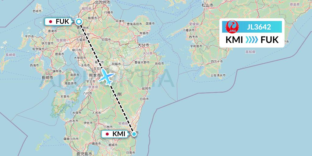 JL3642 Japan Airlines Flight Map: Miyazaki to Fukuoka