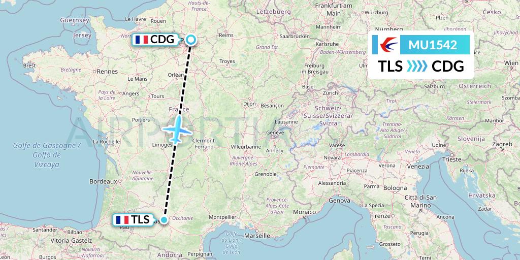 MU1542 China Eastern Airlines Flight Map: Toulouse to Paris
